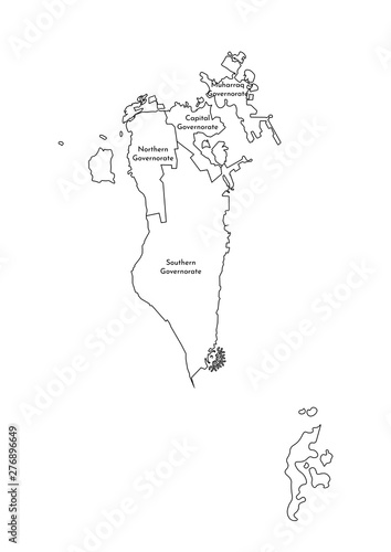 Vector isolated illustration of simplified administrative map of Bahrain. Borders and names of the governorates (regions). Black line silhouettes