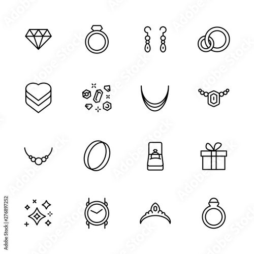 Jewelry and bijouterie icon simple symbols set. Contains icon gem, diamond , earrings, gold ring, necklace, beads, chain, gift, wedding, engagement, marriage proposal, wrist watch.