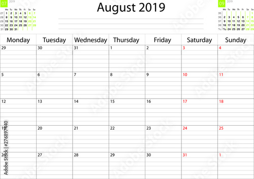  Calendar grid month July 2019 task scheduler workspace. Vector image