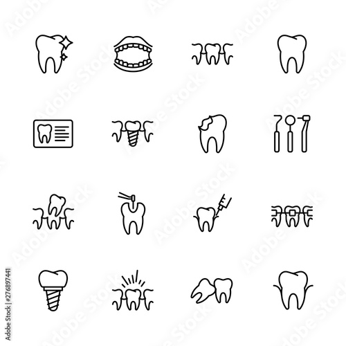 Health teeth, dental treatment, stomatology, medical clinic icon simple symbols set. Contains icon tooth, braces, fillings, caries, dentistry, oral care, implantation and orthodontics.