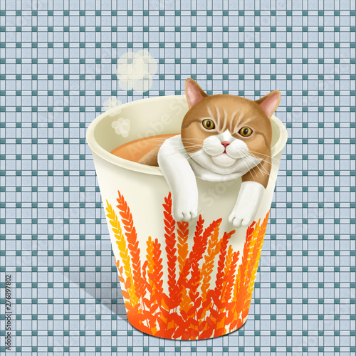 A illustration of Hong Kong style food hot milk tea with cat