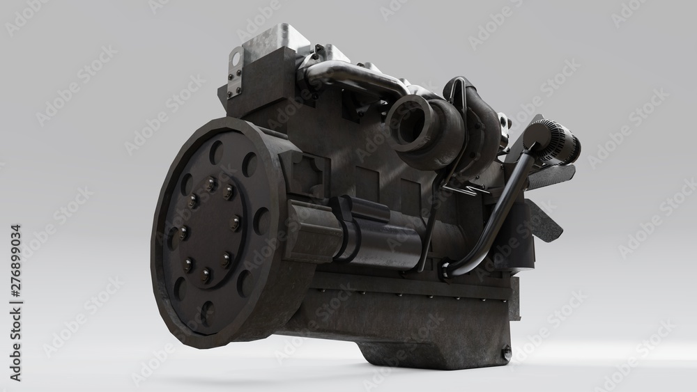A big diesel engine with the truck depicted. 3d rendering. A big diesel engine with the truck depicted. 3d rendering.