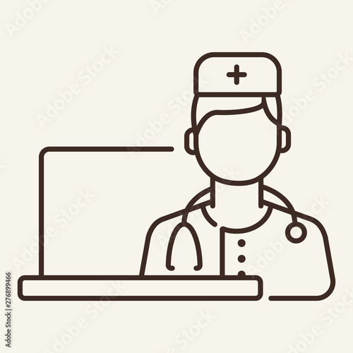 Online doctor app line icon. Computer, video chat, physician. Healthcare concept. Vector illustration can be used for topics like medical consulting, medicine, internet service