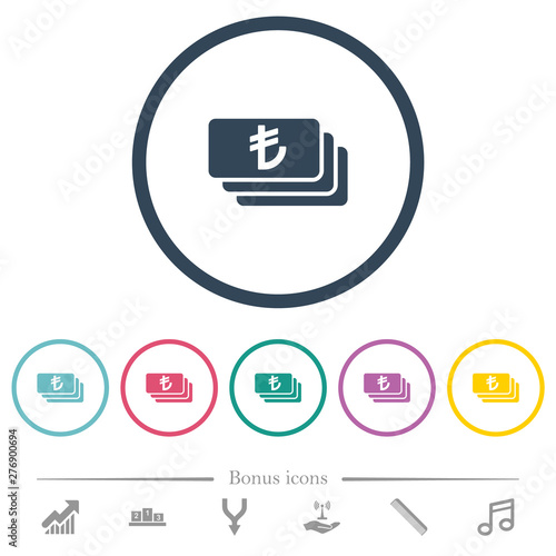Turkish Lira banknotes flat color icons in round outlines