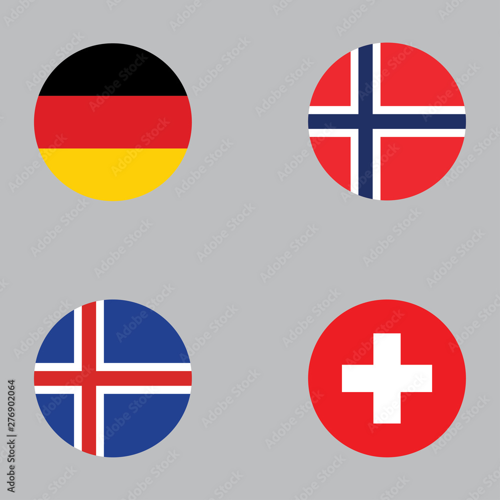 Obraz premium Round button national flag of Germany, Norway, Iceland, Switzerland Country europe flag icon