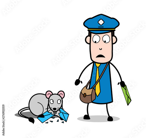 A Rat Nibbled a Letter - Retro Postman Cartoon Courier Guy Vector Illustration