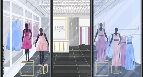 Fashion boutique with dresses Vector illustration. Shop store front views