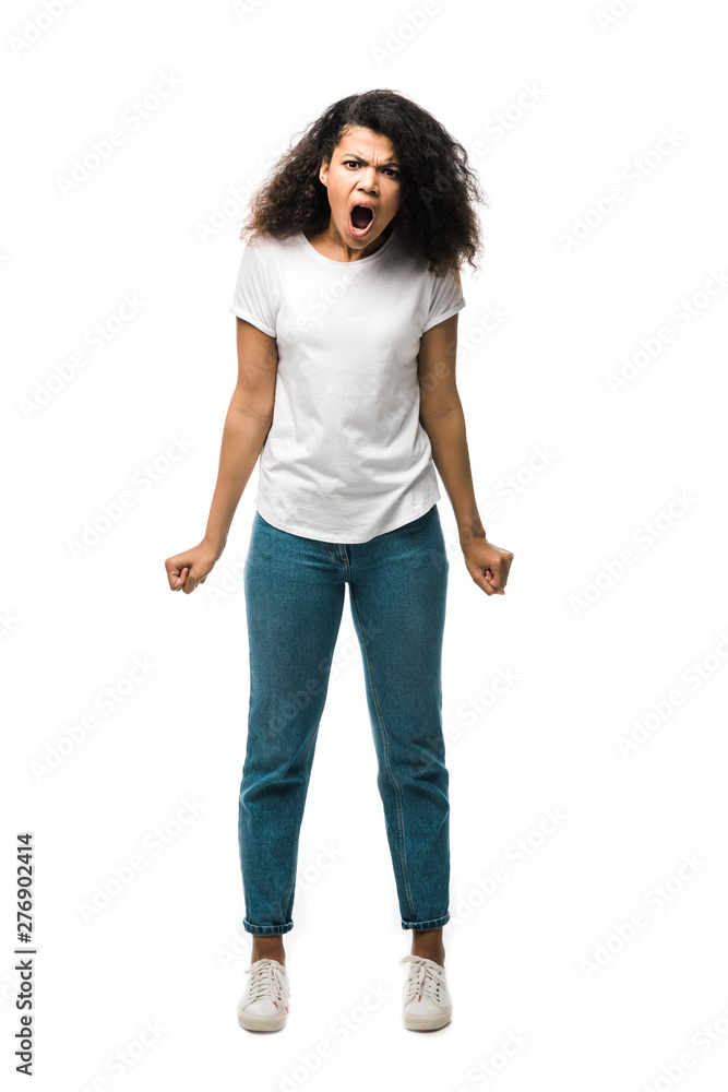 irritated african american woman standing and screaming isolated on white irritated african american woman standing and screaming isolated on white