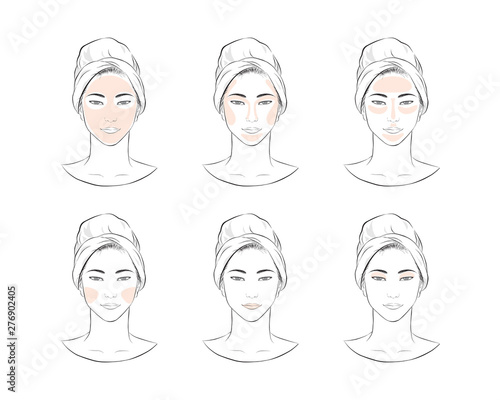 Steps how to face make-up. take care about asia girl face vector illustration isolated cartoon hand drawn