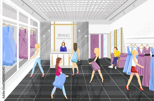 People in a Fashion boutique with dresses Vector illustration. Shop store fro...