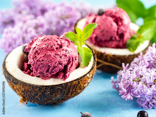 black currant ice cream in a bowl of coconut