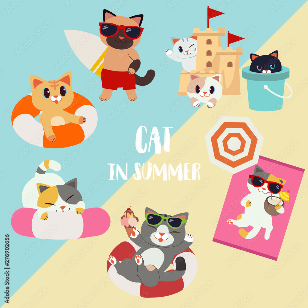 Obraz premium The collection set of character cartoon cat in the summer theme pack. a cat holding a surfboard. a cat play with sand castle and tank. cat use a life ring. and a it was sunbathing.