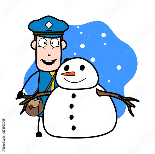 Standing with Snowman - Retro Postman Cartoon Courier Guy Vector Illustration