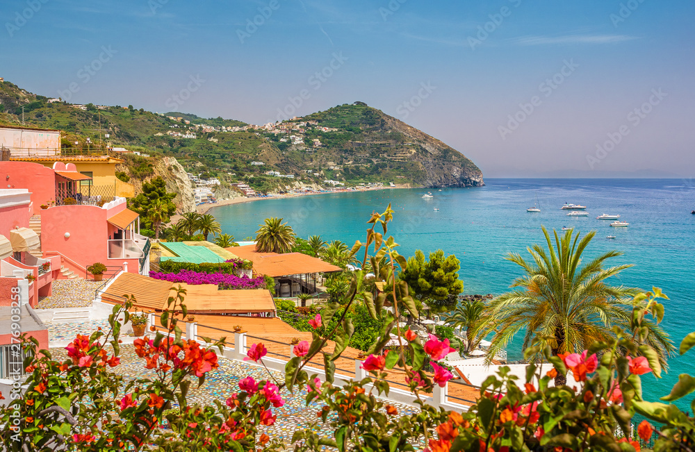 Landscape with Sant Angelo village and Maronti beach, coast of Ischia, Italy