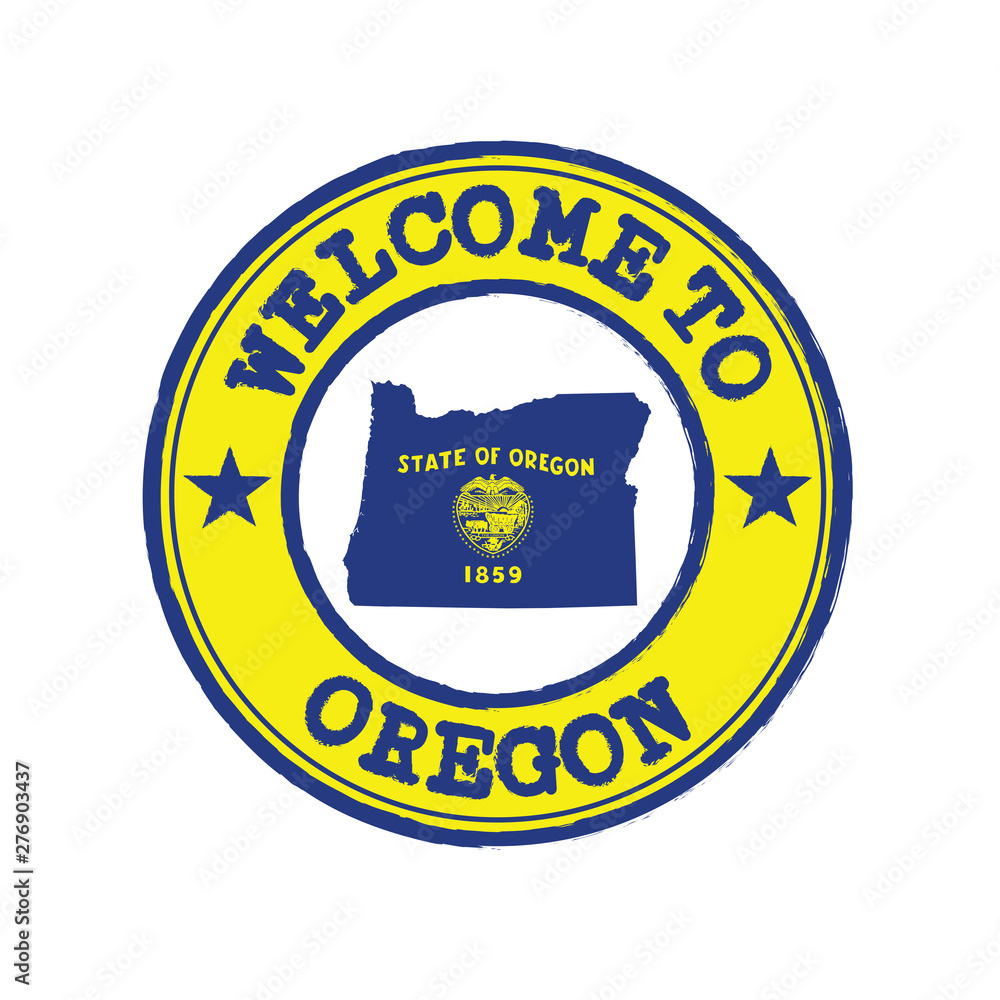 Vector Stamp of welcome to Oregon with states flag on map outline in the center.