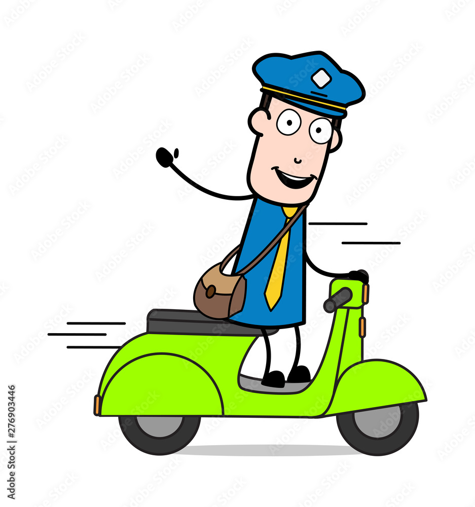 Saying Hello with Hand Gesture While Riding a Scooter - Retro Postman Cartoon Courier Guy Vector Illustration Saying Hello with Hand Gesture While Riding a Scooter - Retro Postman Cartoon Courier Guy Vector Illustration