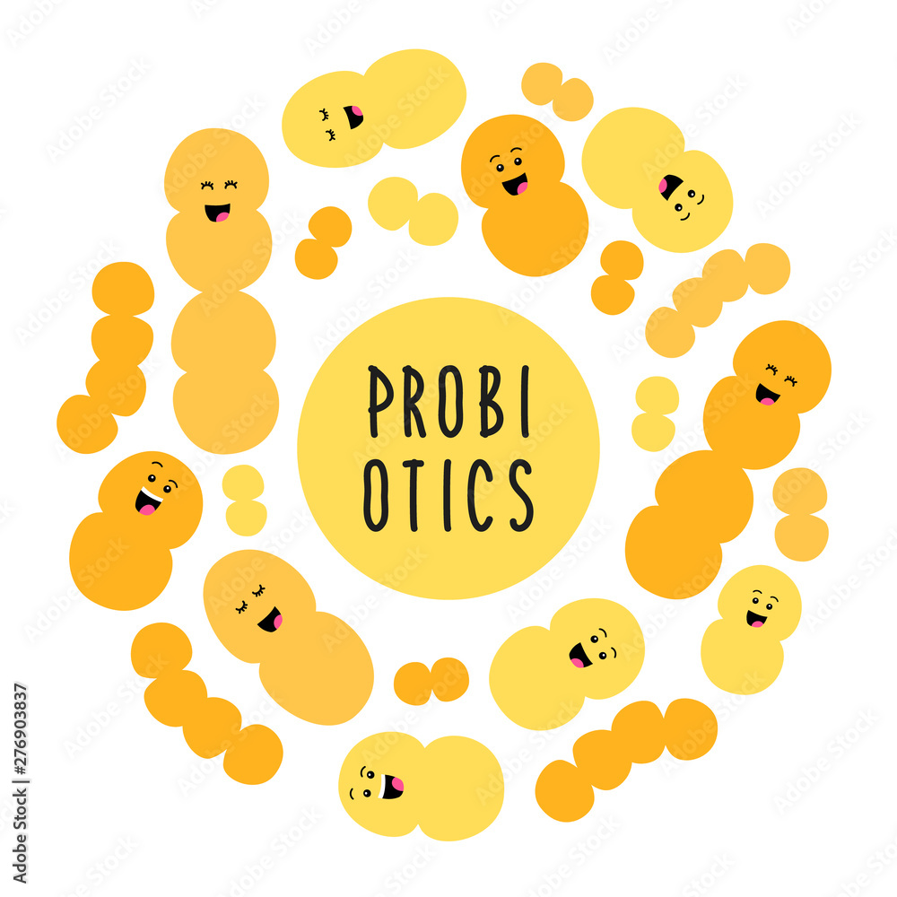 Fototapeta premium Funny probiotics bacteria family background isolated on white, gut and intestinal flora, set in flat style