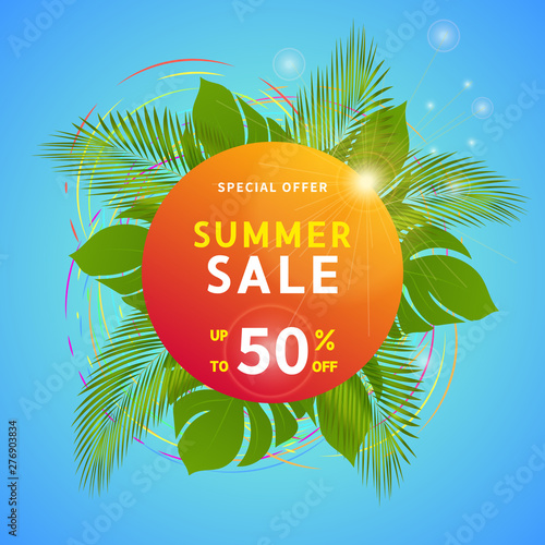 Summer sale, modern discount banner with palm leaves and colorful circles on blue background. Vector illustration template, flyers, invitation, poster, brochure, voucher.