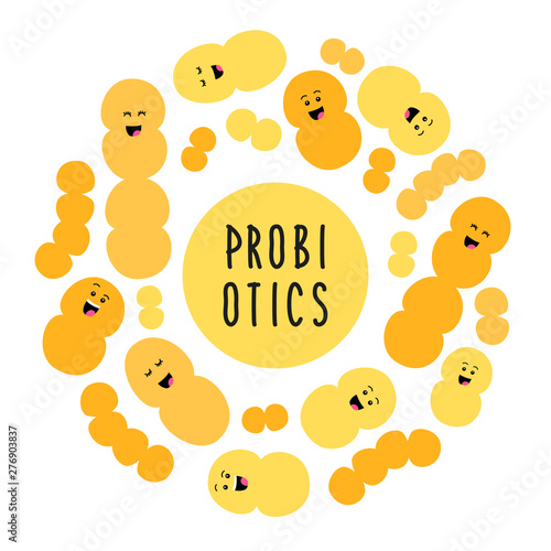 Funny probiotics bacteria family background isolated on white, gut and intestinal flora, set in flat style