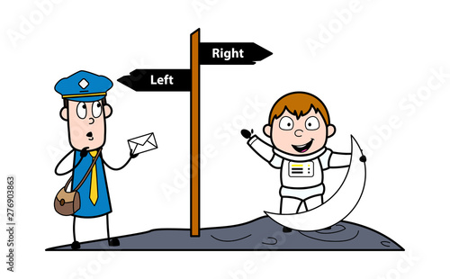 Direction for Send Letter on Moon - Retro Postman Cartoon Courier Guy Vector Illustration