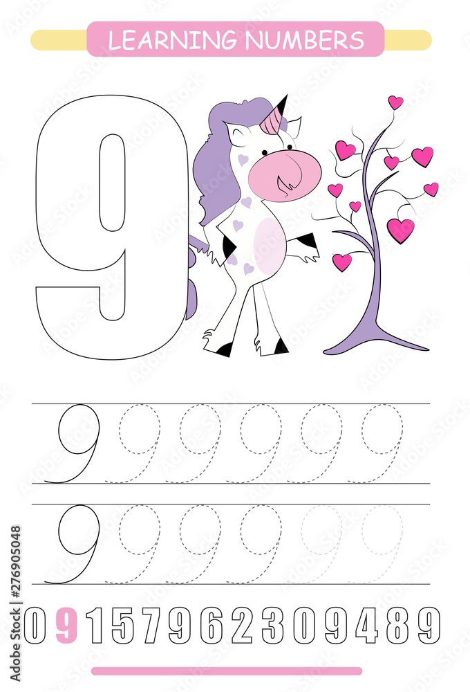 Funny children flashcard number nine. Unicorn with hearts learning to count  and to write. Coloring printable worksheet for kindergarten and preschool.  Number writing practice 9. Stock Vector | Adobe Stock