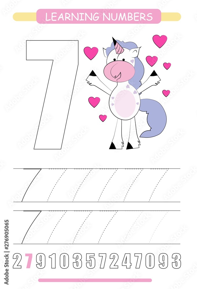 funny children flashcard number seven unicorn with hearts learning to count and to write coloring printable worksheet for kindergarten and preschool number writing practice 7 stock vector adobe stock