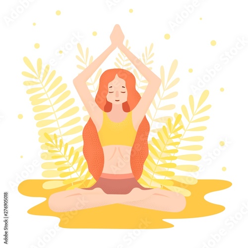 Red hair girl doing yoga lotus pose. Opening chacras. Illustration in minimal flat design