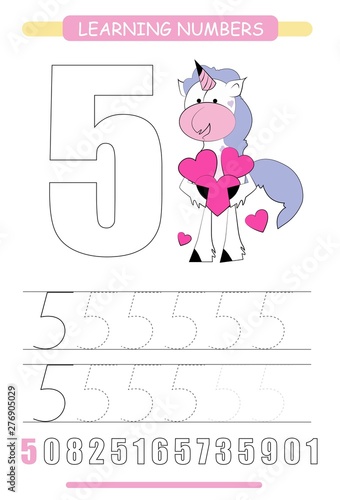 Funny children flashcard number five. Unicorn with hearts learning to count and to write. Coloring printable worksheet for kindergarten and preschool. Number writing practice 5.