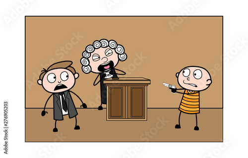 Thief Showing Gun and Lawyer and Judge are Getting Afraid Vector Illustration