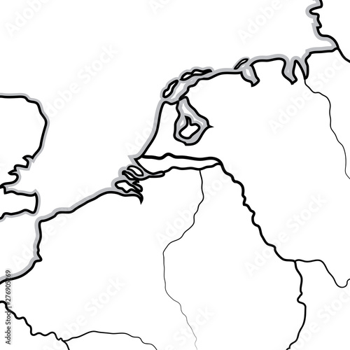 Map of The NETHERLANDISH Lands: The Netherlands, Belgium, Luxembourg, Benelux, Holland, Zeeland, Flandre, Brabant, Frisia, Picardie. The Low Lands, The Low Countries. Geographic chart with coastline.