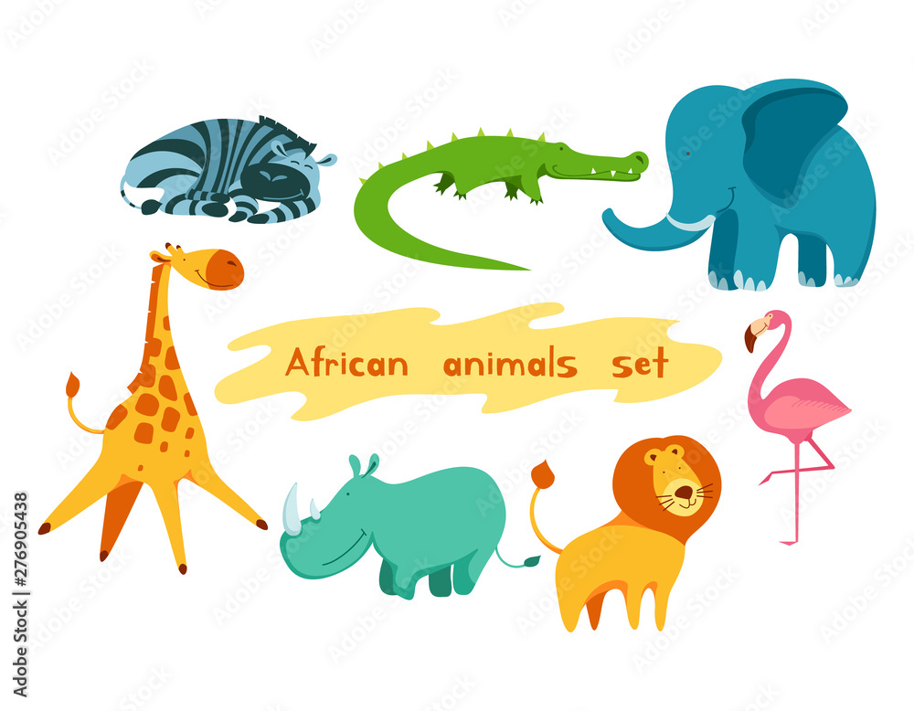 Naklejka premium Set of cute and funny african animals. Collection of cartoon characters isolated on white background. Flat vector illustration.