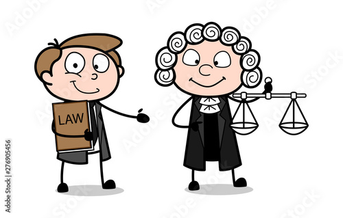 Cartoon Lawyer Presenting That A Judge Standing with a Scale Vector Illustration