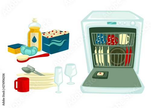 Clean dishes and dishwasher detergent and washing tools isolated objects