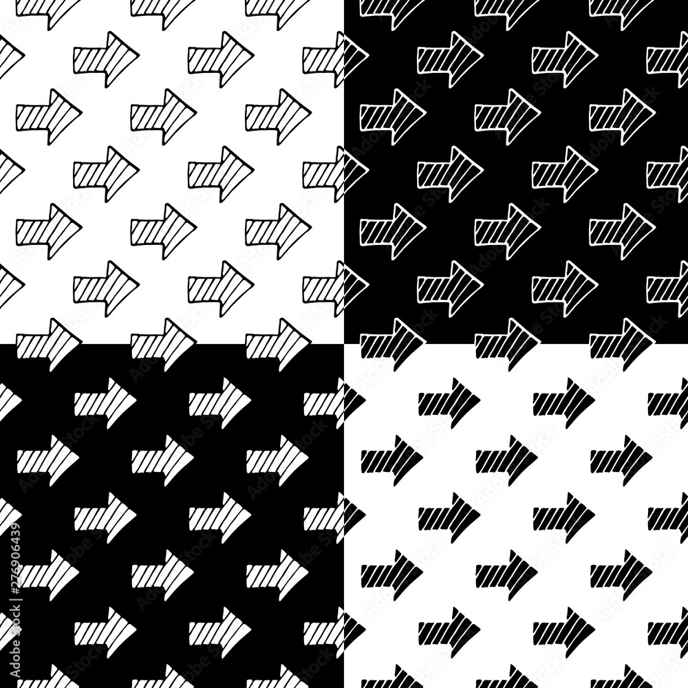 Abstract geometric arrow pattern set with hand drawn arrows. Funny vector black and white arrow pattern set. Seamless monochrome doodle arrow pattern set for textile, wallpapers, wrap and web.