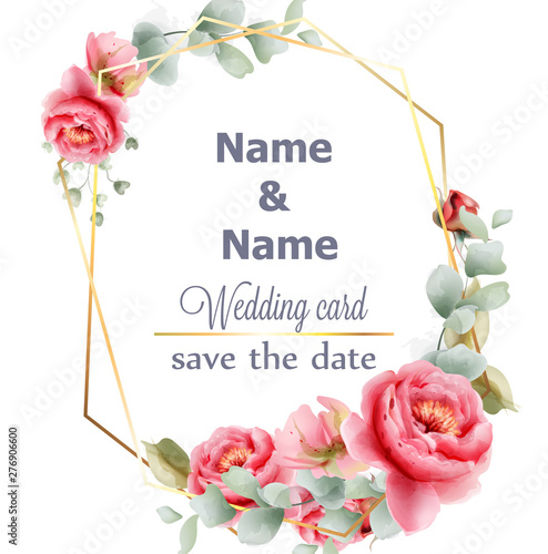 Wedding frame peony watercolor Vector. Golden abstract frame decor. Floral su...