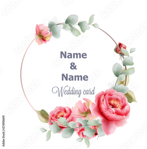 Round wedding frame peony watercolor Vector. Vintage frame decor. Floral summ...