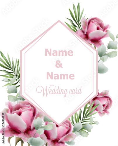 Vintage roses frame Vector watercolor. Wedding card, birthday, special occasi...