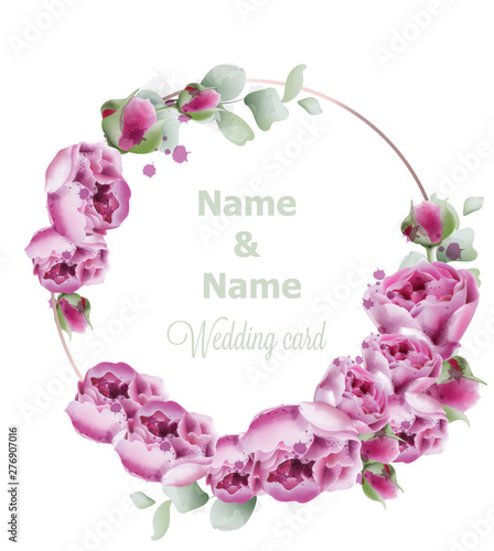 Peony wedding wreath vector watercolor. Birthday, women day, special occasion...