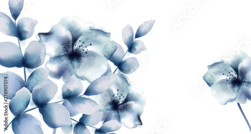 Blue flowers Vector watercolor. Floral wreath retro vintage cards
