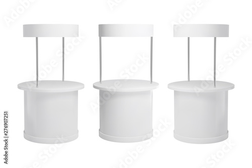 Promotion counter mockup. Isolated vector retail trade stand. White round pos.