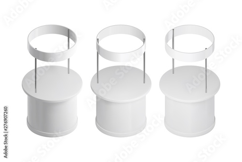 Isometric promotion counter mockup. Isolated vector retail trade stand. White round pos.