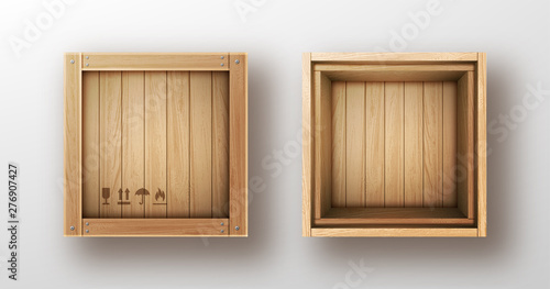 Wooden box open and closed realistic vector illustration. Wooden crate or cargo box for storage, transportation and delivery of product with postal symbols and metal nails isolated on white background
