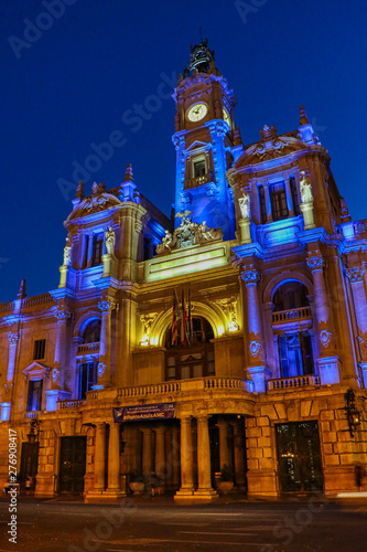 The beautiful Town Hall building (Ayuntamiento de Valencia) at night in Valencia, Spain