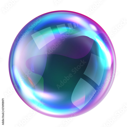 Soap bubble, realistic transparent air sphere of rainbow colors with reflections and highlights isolated on white background, vector illustrations
