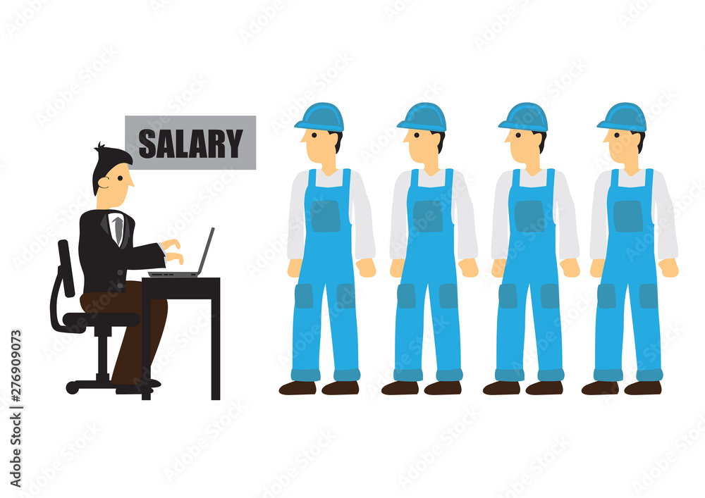 Businessman giving wages to construction workers. Businessman giving wages to construction workers.