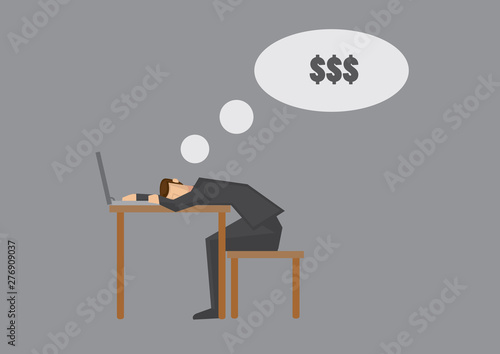 Falling Asleep and Dreaming of Money Vector Cartoon Illustration