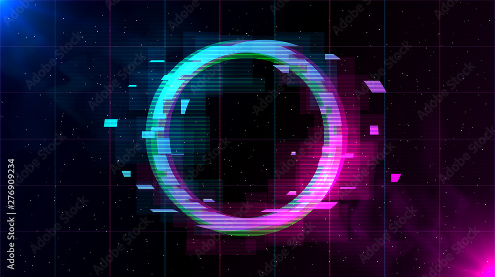 Retrowave Glitch Circle with sparkling and blue and purple glows with smoke.