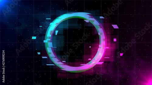 Obraz na płótnie Retrowave Glitch Circle with sparkling and blue and purple glows with smoke. w salonie