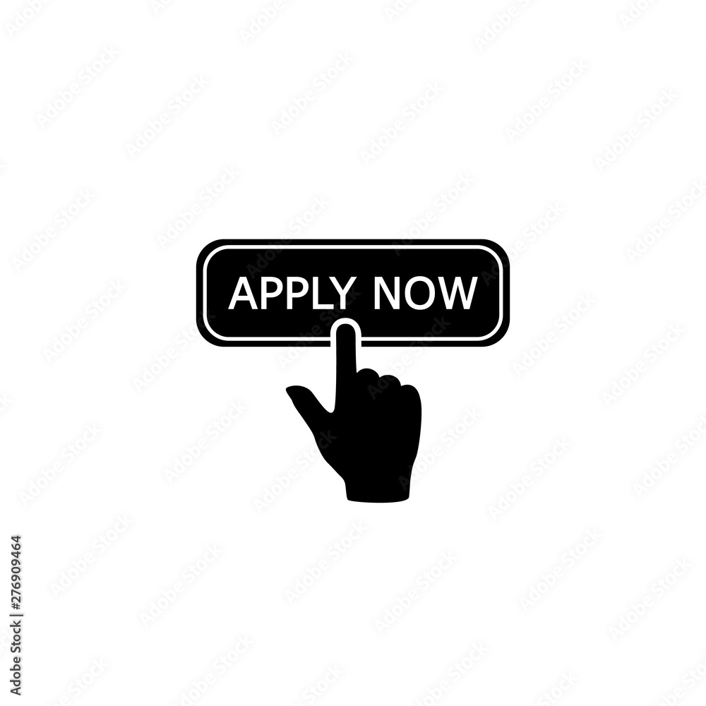 Apply now icon in flat style. Finger cursor vector on white isolated. Click button business concept Apply now icon in flat style. Finger cursor vector on white isolated. Click button business concept