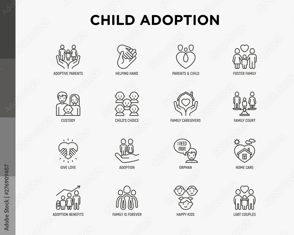 Child adoption thin line icons set: adoptive parents, helping hand, orphan, home care, LGBT couple with child, custody, cargivers, happy kid. Modern vector illustration.